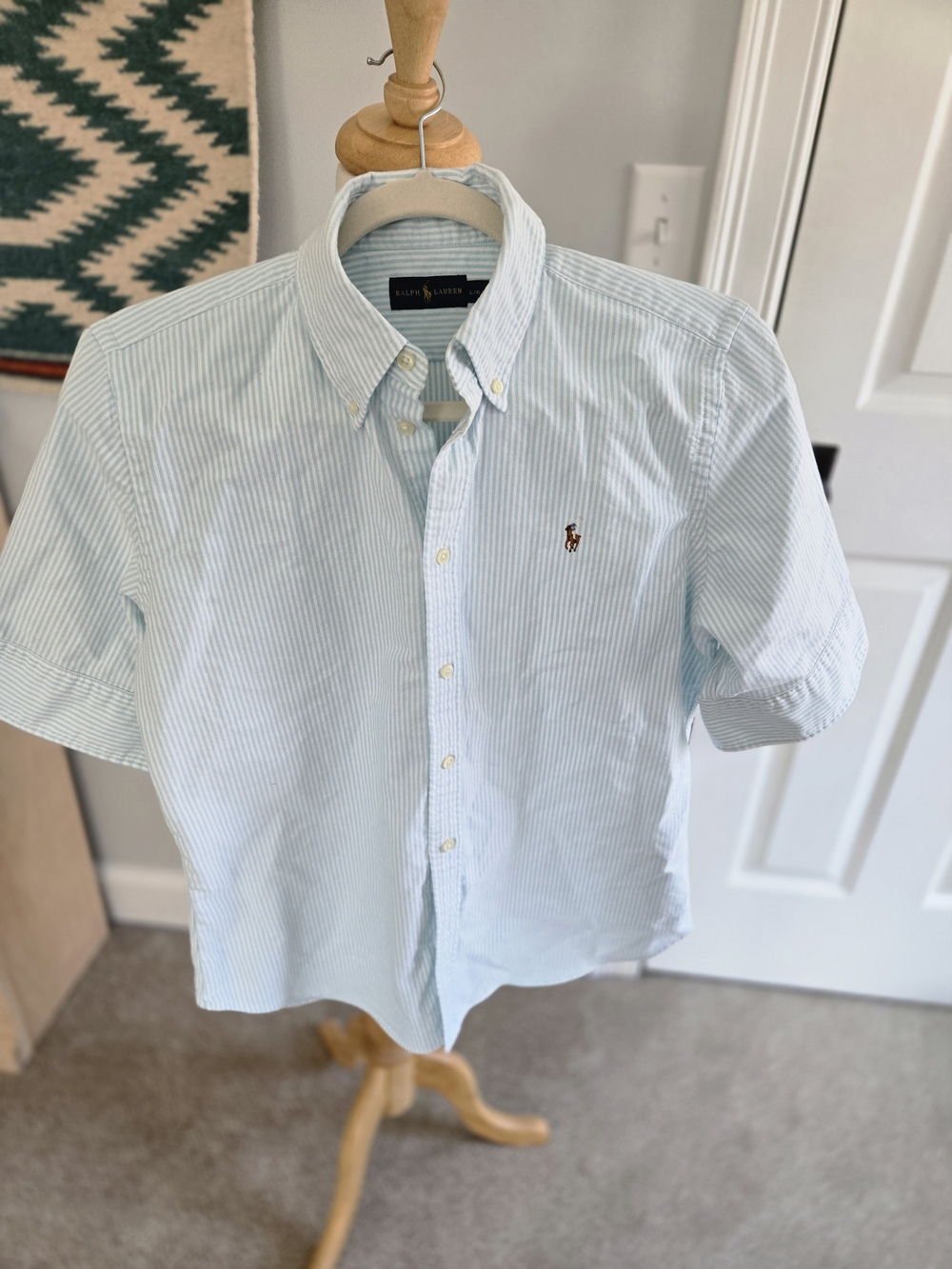 Ralph Lauren Polo Blue Striped Short Sleeve Shirt Women Size Medium Collared